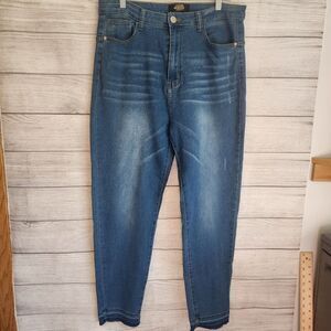 BBA 1x blue stretch distressed denim frayed ankle jeans